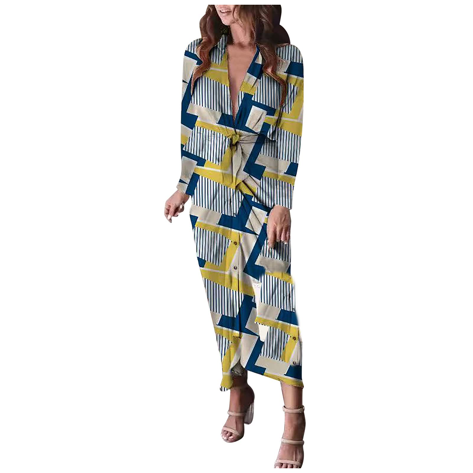 Women's Casual Floral Maxi Shirt Dress with Belt - V Neck Long Sleeve Ruched Loose Fit Dress for Fall Wedding Guest, Beach Vacation & Everyday Wear
