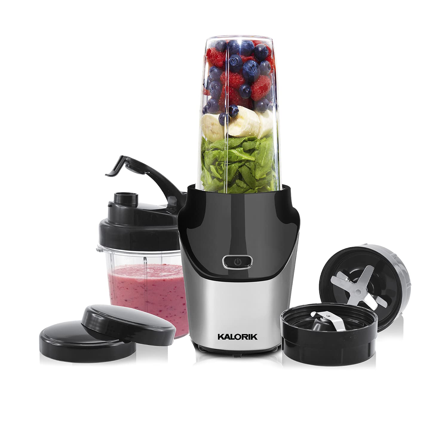 Kalorik 1000W High-Speed Portable Blender Set - 34oz & 15.2oz Personal & Grinding Cups - Black & Stainless Steel - Perfect for Smoothies, Protein Shakes & Meal Prep On The Go
