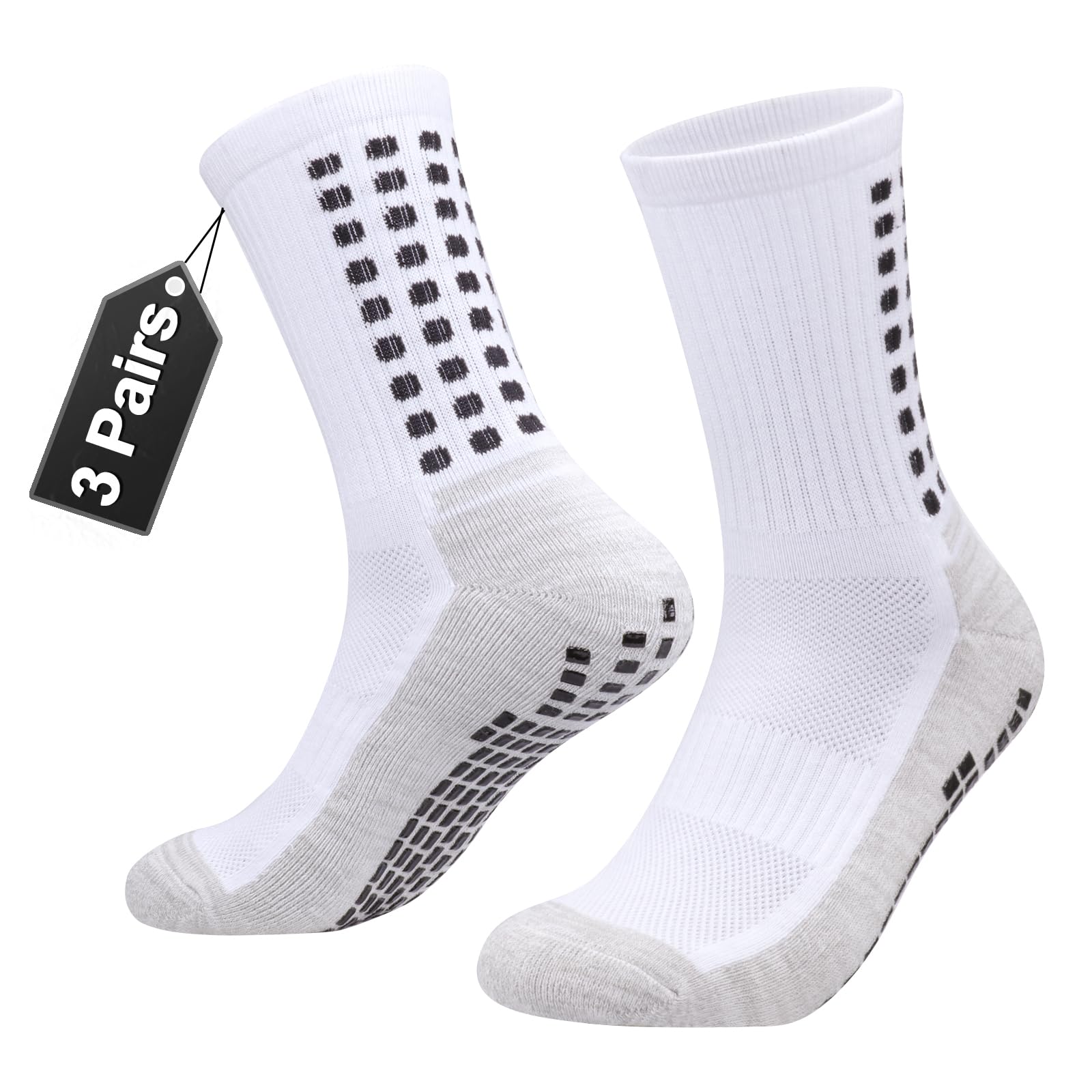 YUEDGE Men's Non-Slip Soccer Grip Socks - Cushioned Crew Athletic Socks for Basketball, Pilates & Sports (3 Pairs) - Perfect for Training, Gym Workouts & Active Lifestyles