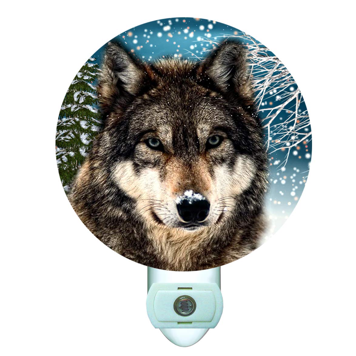 Automatic Motion Sensor Night Light - Round Snow Timber Wolf Design for Bedroom, Hallway, Nursery | Energy-Efficient LED Nightlight for Kids, Adults, Bathroom Safety