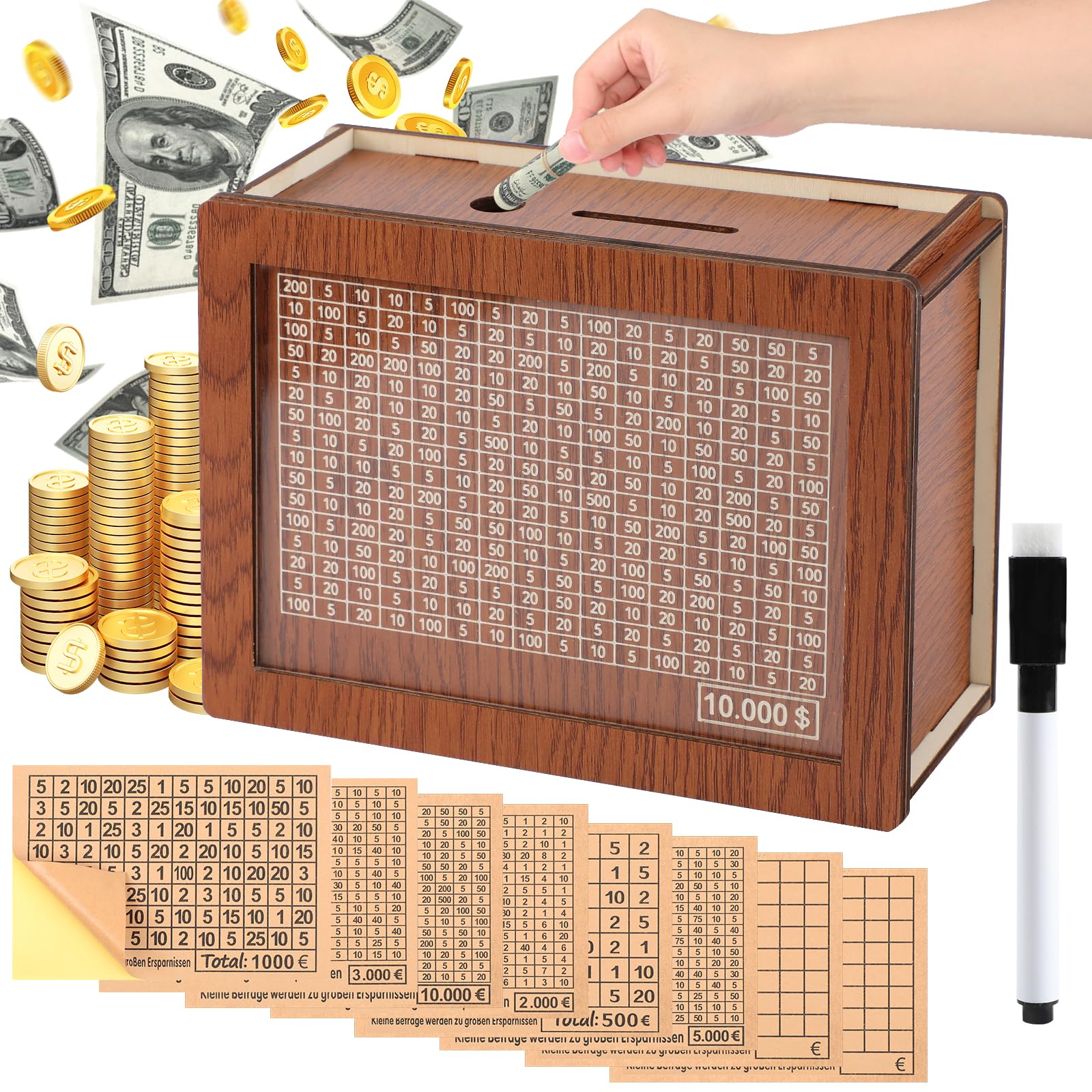 Wooden Money Saving Box with Counter & Marker - Portable Cash Saver for Savings Challenges (10,000 USD Goal) - Perfect for Budgeting, Piggy Bank Alternative & Financial Goal Tracking