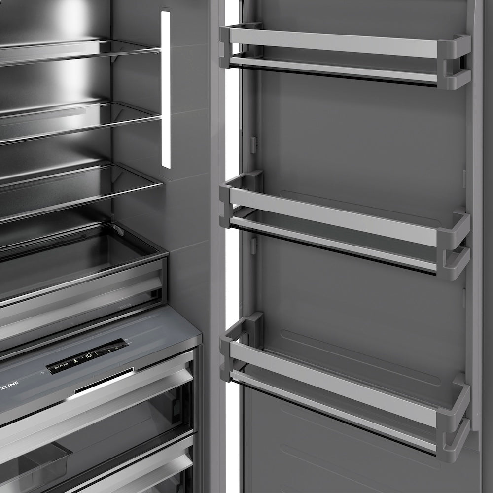 ZLINE Autograph Edition 18 Inch 8.6 cu ft Right Hinge Column Freezer - Stainless Steel with Graphite Gray Interior & Gold Accents | Perfect for Home Kitchen, Basement, or Commercial Use (RCFVRZ SN 18 G)