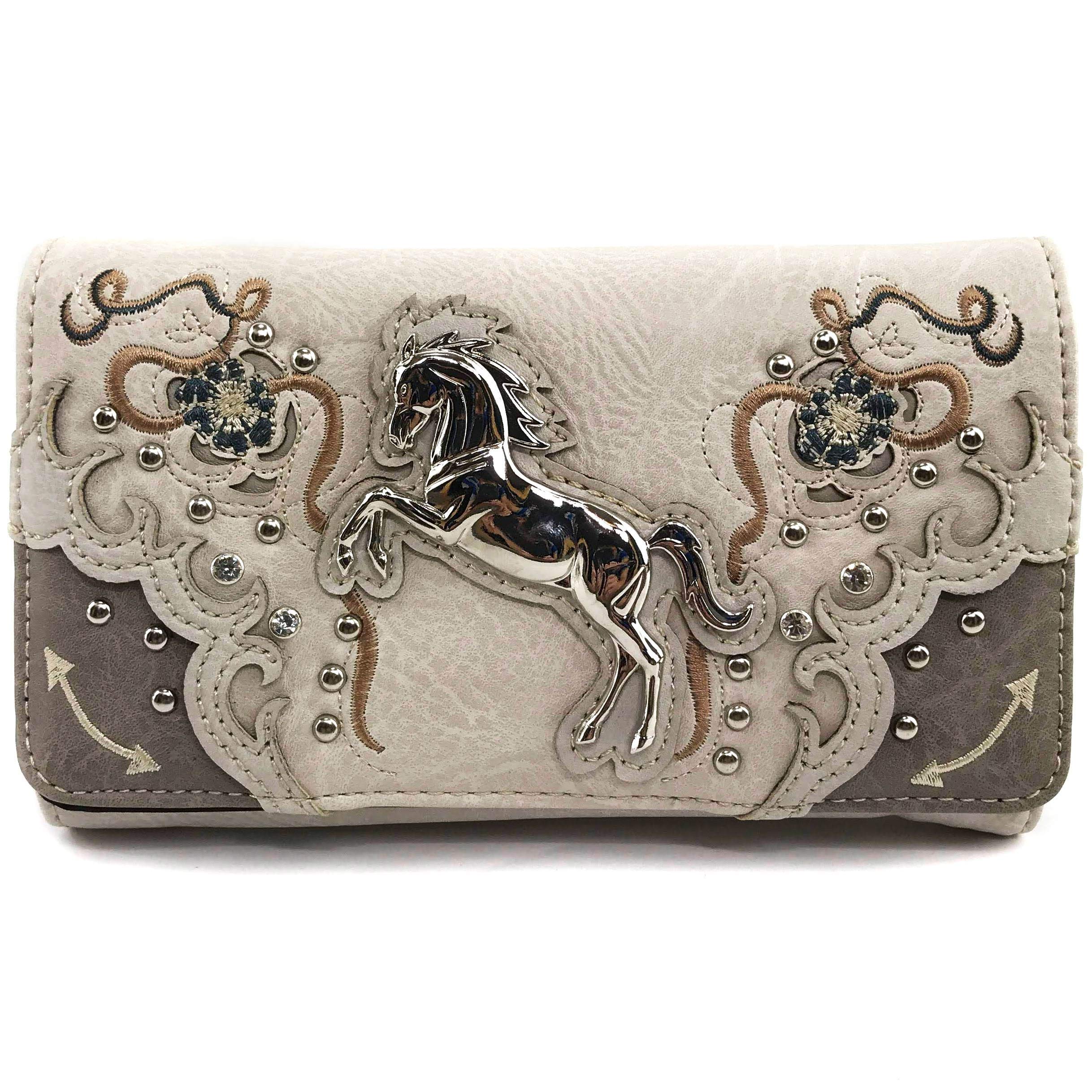 Zelris Floral Poppy Horse Western Style Women's Crossbody Wristlet Trifold Wallet - Beige & Silver | Perfect for Everyday Use, Travel, and Country-Themed Outfits