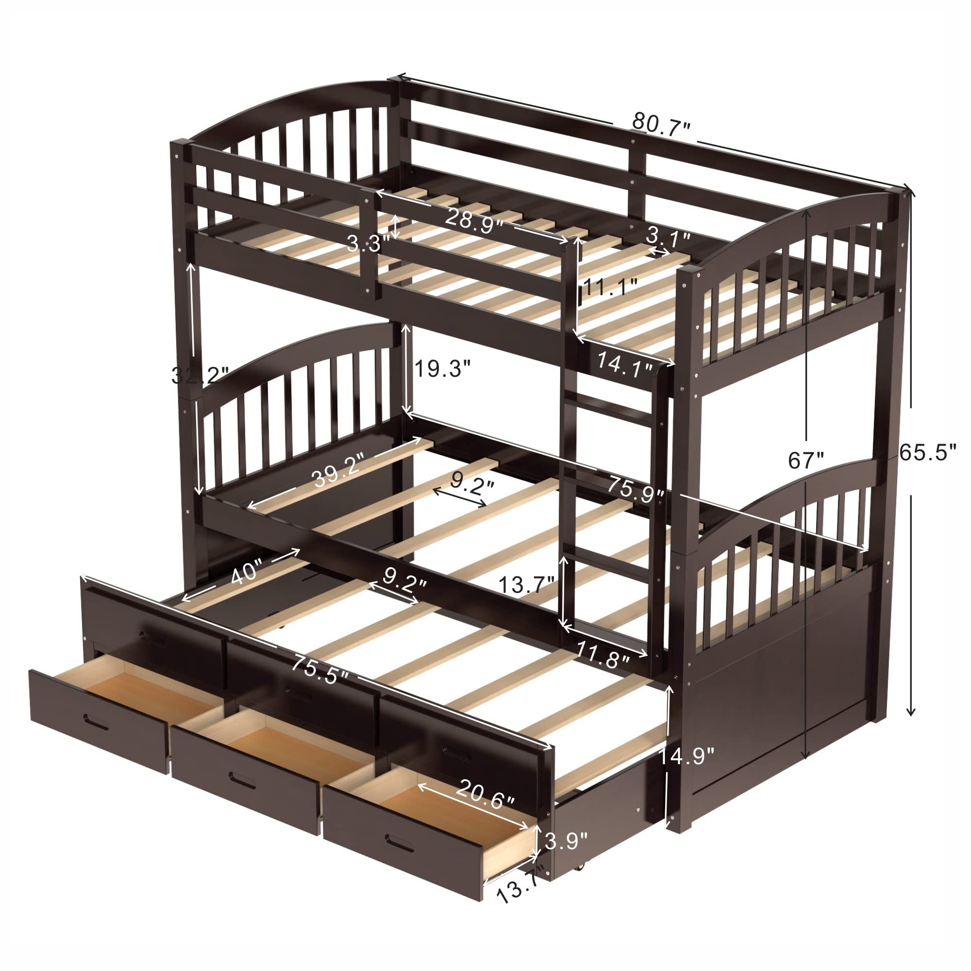 Harper & Bright Designs Solid Wood Twin Over Twin Bunk Bed with Trundle - 3 Storage Drawers, Safety Rail, Convertible to 2 Beds - No Box Spring Needed (Espresso) - Perfect for Kids' Bedroom, Guest Room & Space-Saving Solutions