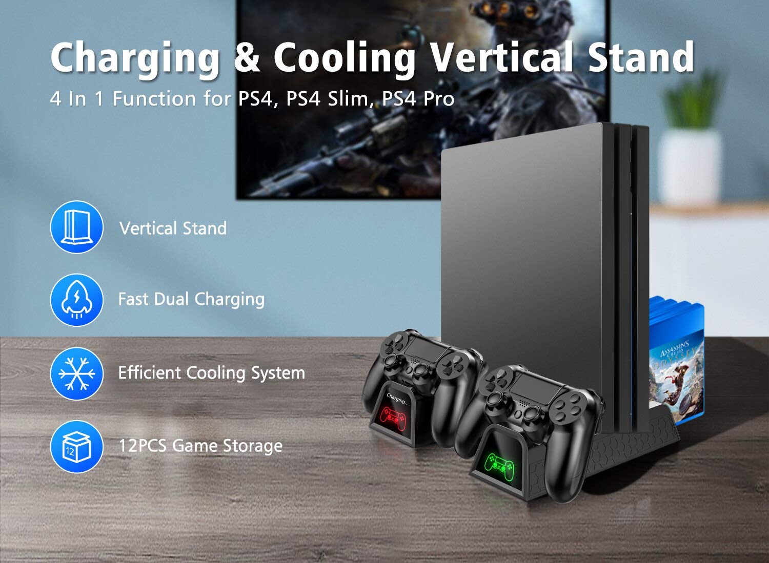 OIVO PS4 Stand with Cooling Fan - Vertical Stand for PlayStation 4/PS4 Slim/PS4 Pro | Includes Controller Charger Dock & 12 Game Storage Slots | Perfect for Gaming Setups & Console Protection