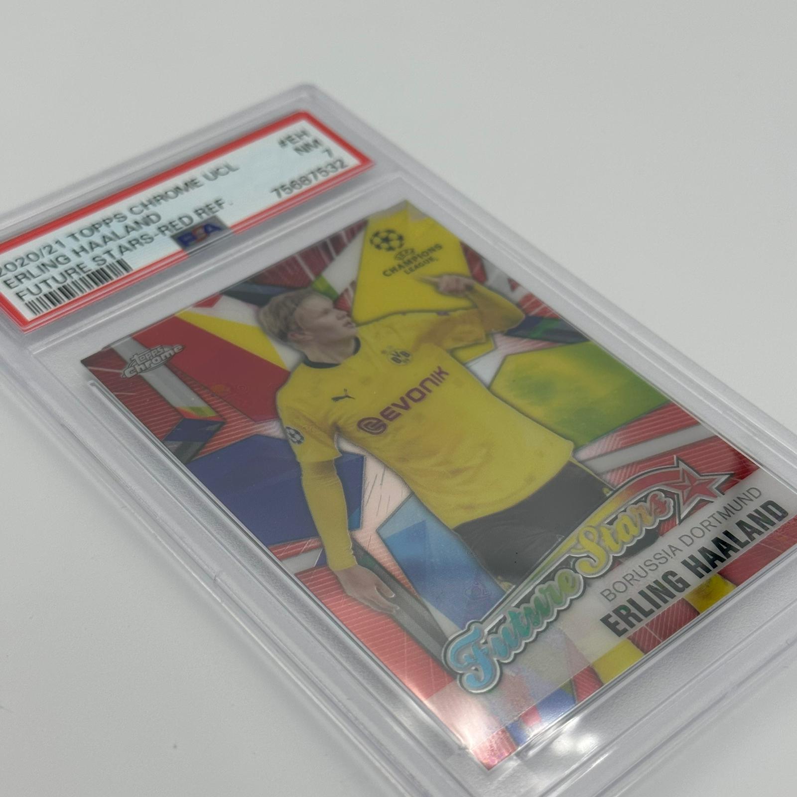 PSA 7 Graded Erling Haaland #FSEH UEFA Champions League Future Star Red Refractor Football Trading Card - Perfect for Collectors & Sports Memorabilia Enthusiasts