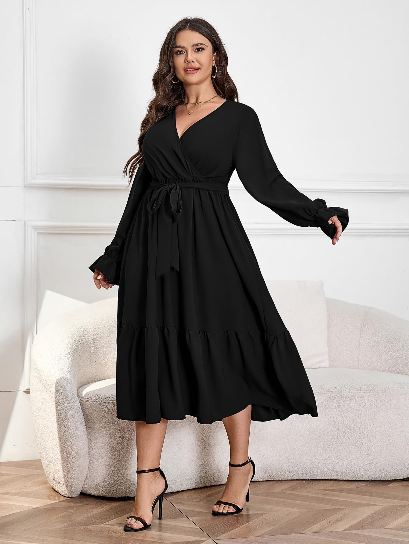 Elegant Plus Size Wedding Guest Dress for Women - Long Sleeve Wrap V-Neck Belted A-Line Maxi Dress with Ruffle Hem | Perfect for Cocktail Parties, Formal Events & Special Occasions