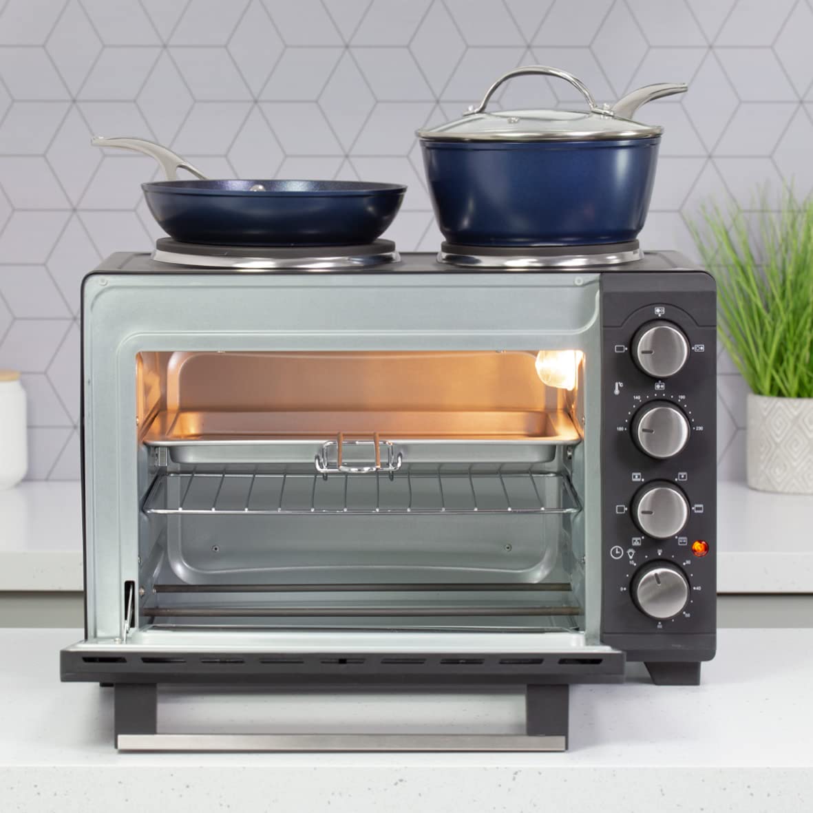 Quest 35379 26L Twin Hob Countertop Rotisserie and Convection Mini Oven - Adjustable Temperature, 60-Min Timer, Auto Shut-Off with Bell - Includes Accessories - Perfect for Small Kitchens, Dorms, and RV Cooking