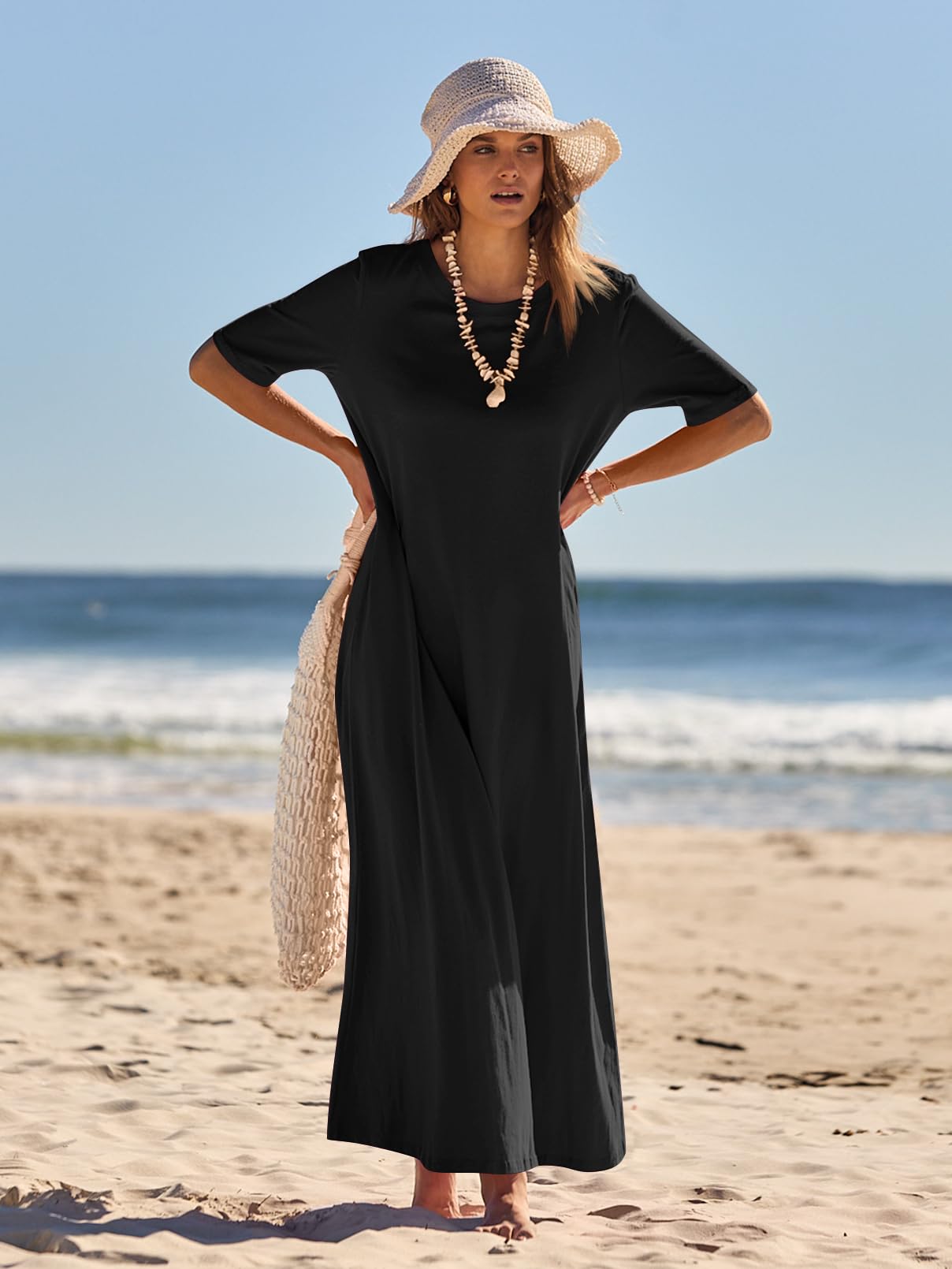 MEROKEETY Women's Summer Maxi Dress - Casual Short Sleeve Crewneck T-Shirt Dress for Beach, Vacation & Everyday Wear | Flowy Long Dress for Spring & Summer Outings
