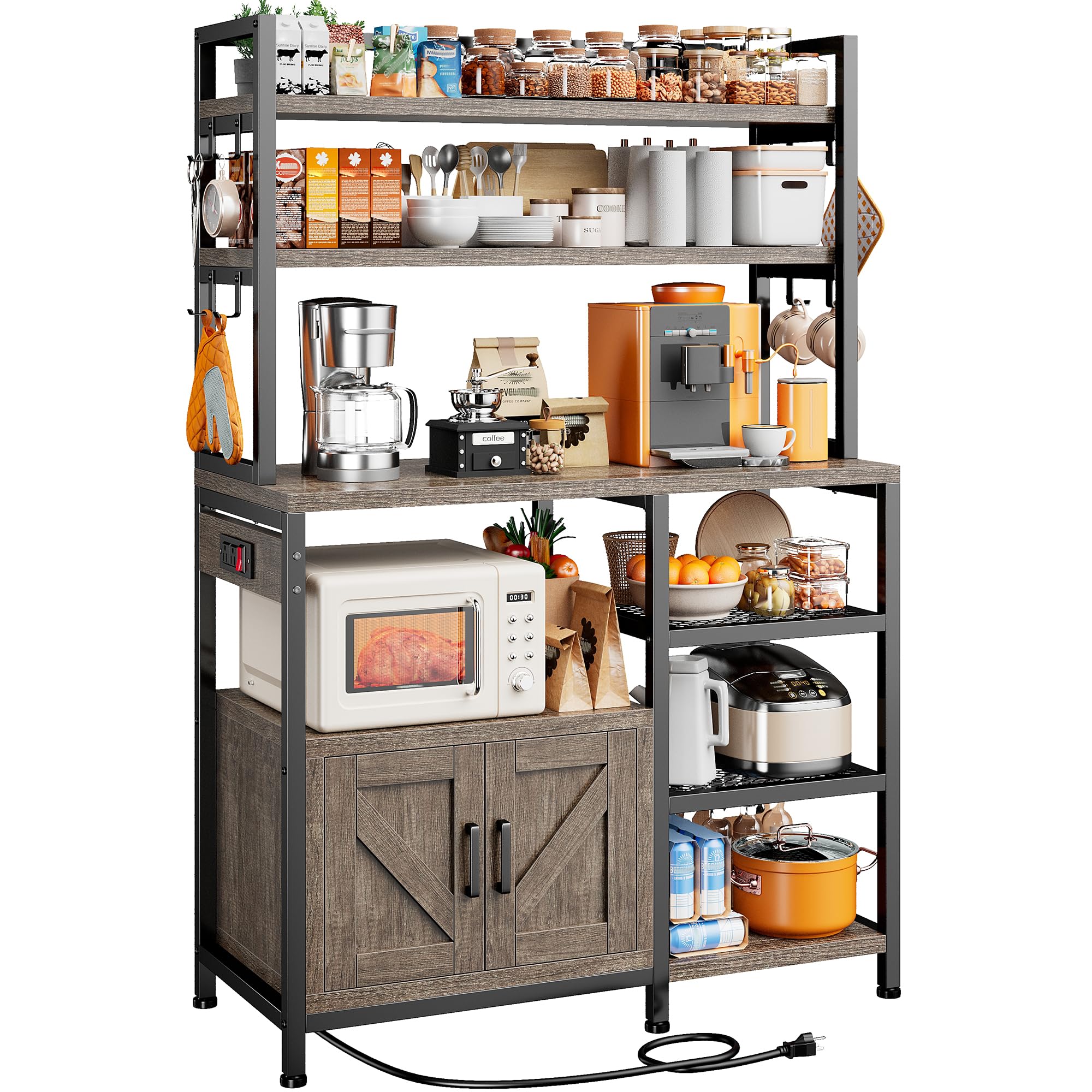 EnHomee 6-Tier Bakers Rack with Power Outlet & Storage Cabinet - Microwave Stand with Side Hooks, Kitchen Utility Shelf for Coffee Bar & Small Appliances - Perfect for Home Kitchens, Dining Rooms & Coffee Stations