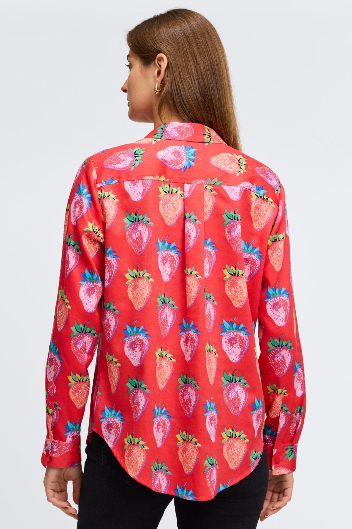 Charlie Strawberry Delight Long Sleeve Shirt for Women - Soft Cotton Casual Tops - Perfect for Spring Outfits & Weekend Brunch