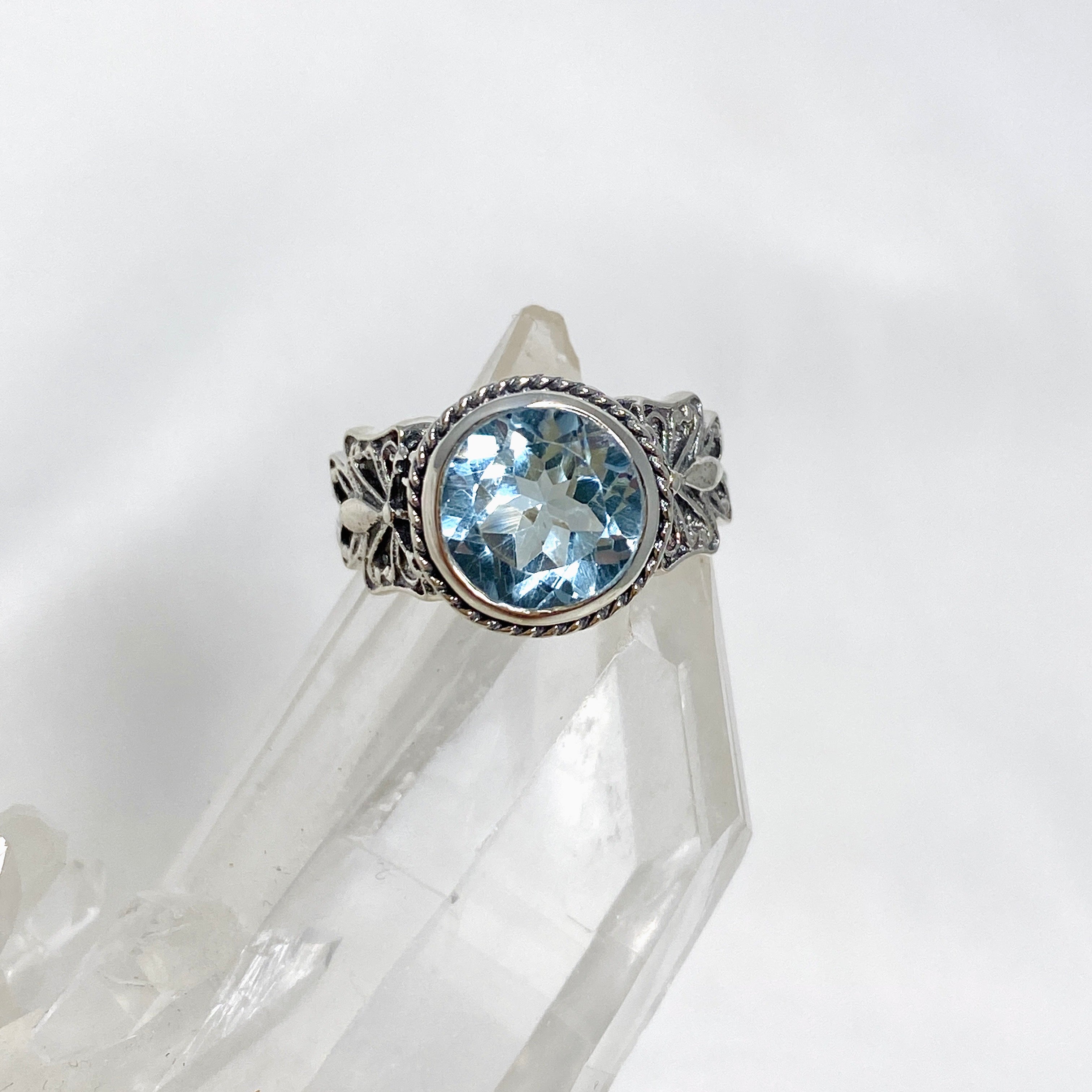 Blue Topaz Faceted Round Ring in Sterling Silver - Elegant Jewelry for Women, Perfect for Weddings, Anniversaries & Special Occasions