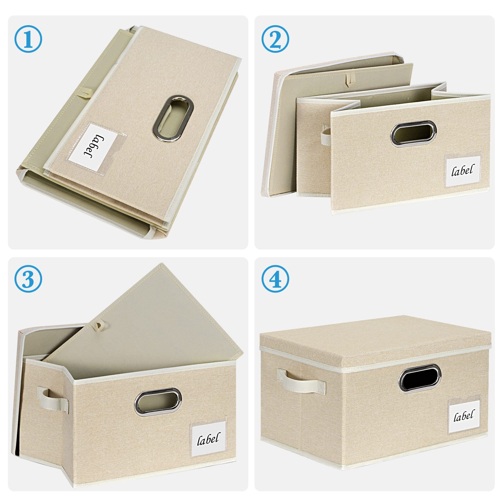 Large Foldable Fabric Storage Bins with Lids & Handles - Organizing Baskets for Closet, Bedroom & Office - Labeled Linen Storage Boxes for Clothes, Toys & Home Organization (Beige)