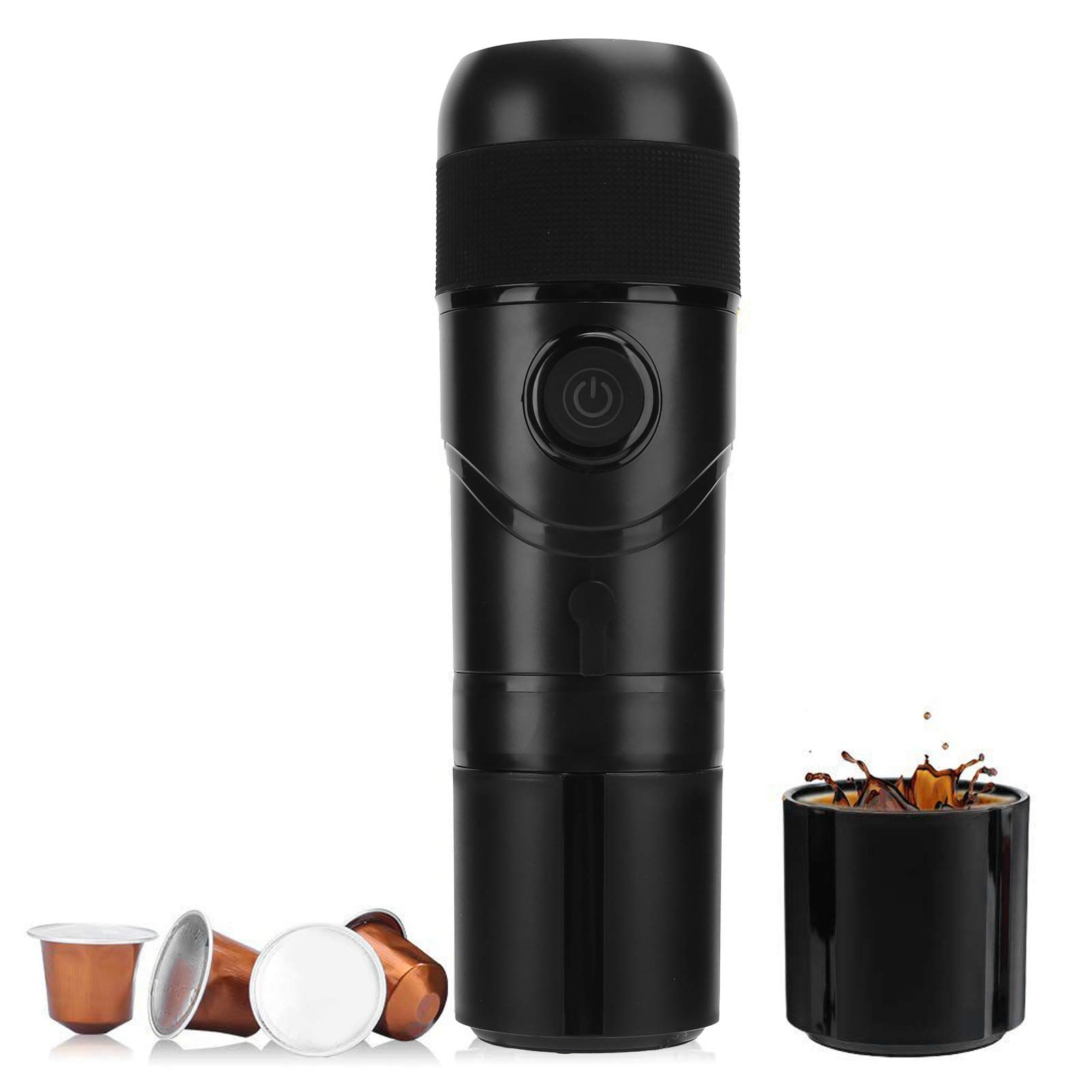 12V Portable Travel Coffee Maker - Mini Automatic USB Car Espresso Machine with Safety Protection & Reusable Coffee Capsules | Perfect for Camping, Road Trips, Office & Home Use | Black Compact Design