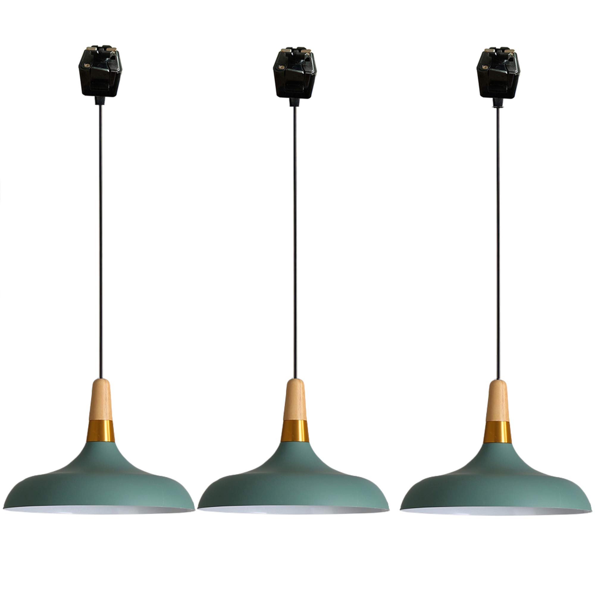 Dimmable Modern Pendant Light with Juno Track System - Macaron Green Lampshade, J-Type Track Light with Wooden Handle | Customizable 3-Light 1ft Fixture for Kitchen Island, Dining Room & Living Room Lighting