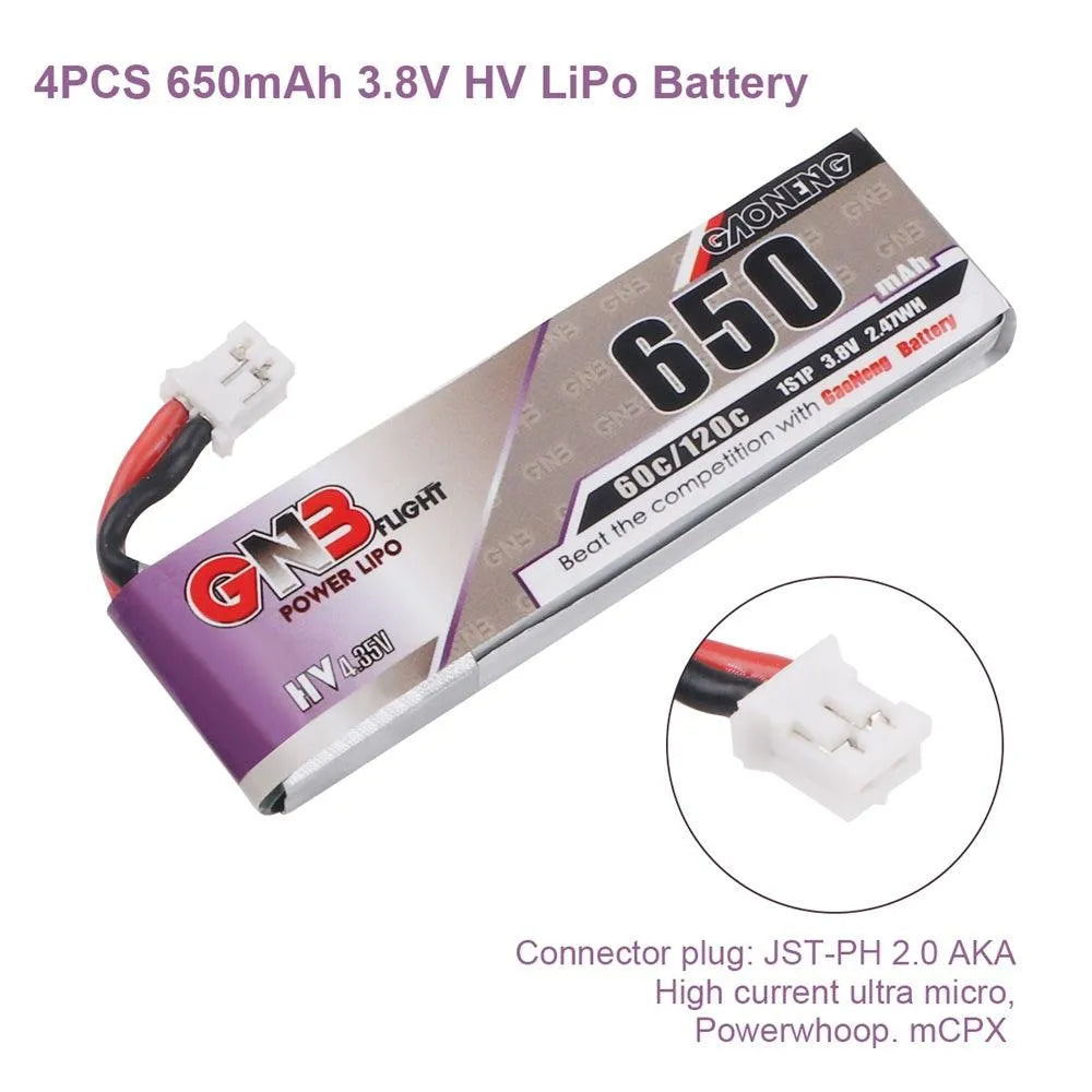 GNB 4-Pack 650mAh 1S 3.8V High Voltage LiPo Battery 60C with JST PH 2.0 Connector - Compatible with FPV Drones, Whoop, mCPX - Perfect for Racing, Freestyle Flying & Long Flight Time