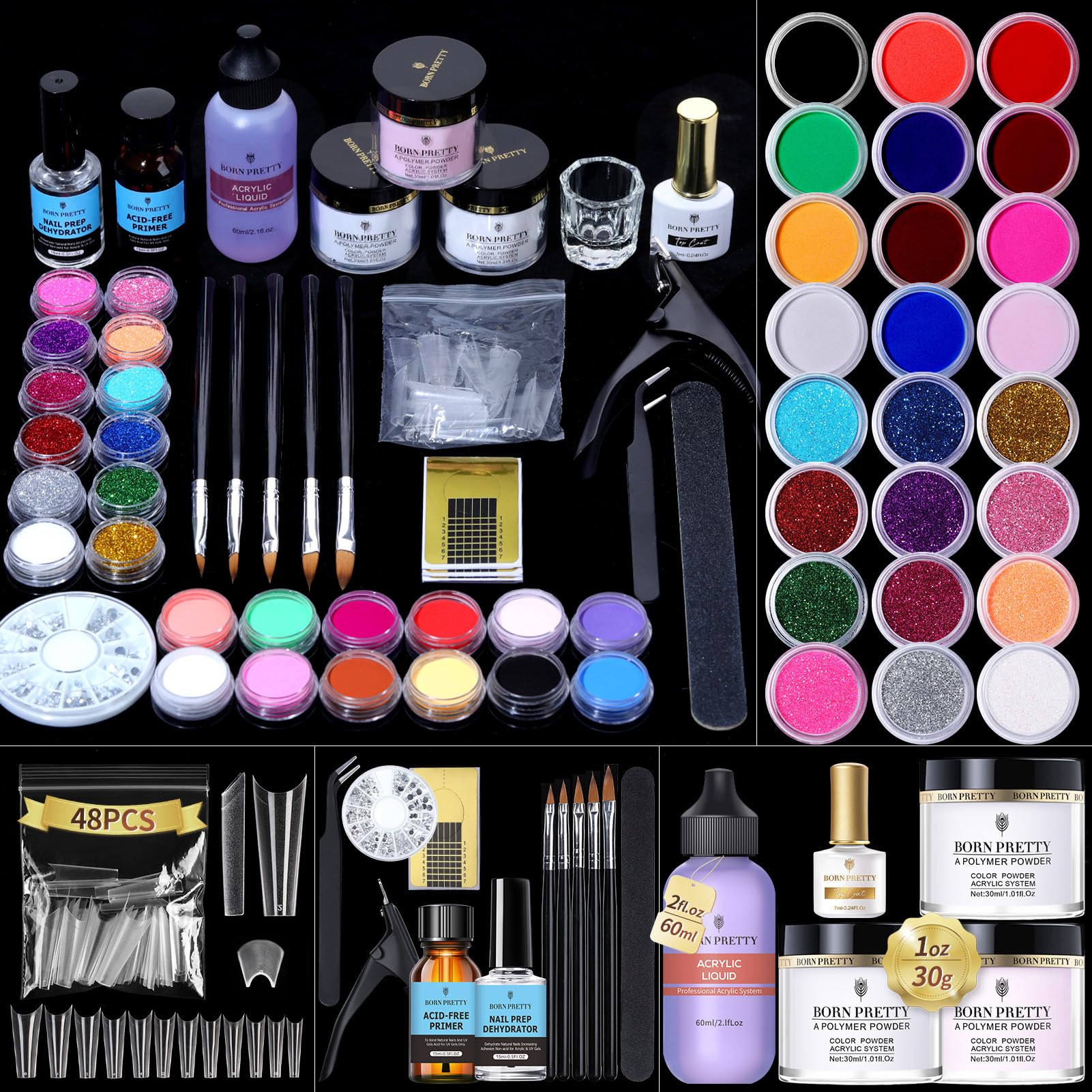 BORN PRETTY 96PCs Acrylic Nail Kit with Powder, Liquid Monomer, 24 Colors Glitters, Brush, Tips & Primer - Complete Nail Extension Set for DIY Manicure, Salon & Gift Giving