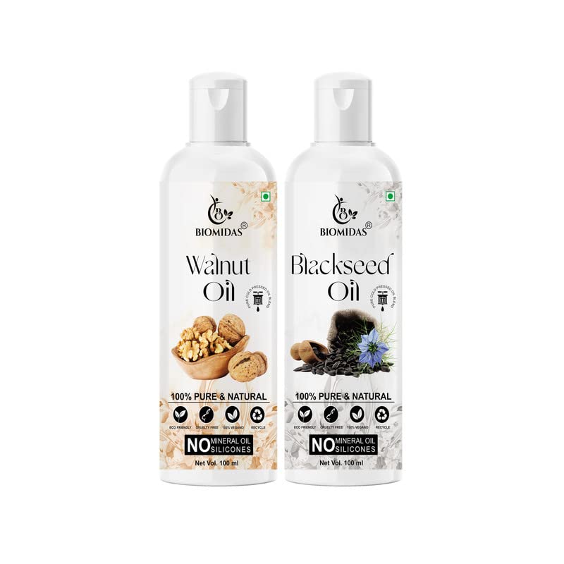 Biomidas 100% Pure Walnut Oil & Black Seed Oil Combo (100ML Each) - Natural Hair Growth Treatment for Thicker, Stronger Hair | Reduces Hair Fall & Split Ends | Promotes Soft, Shiny Hair | Pack of 2 Bottles | Perfect for Daily Hair Care & Scalp Massage