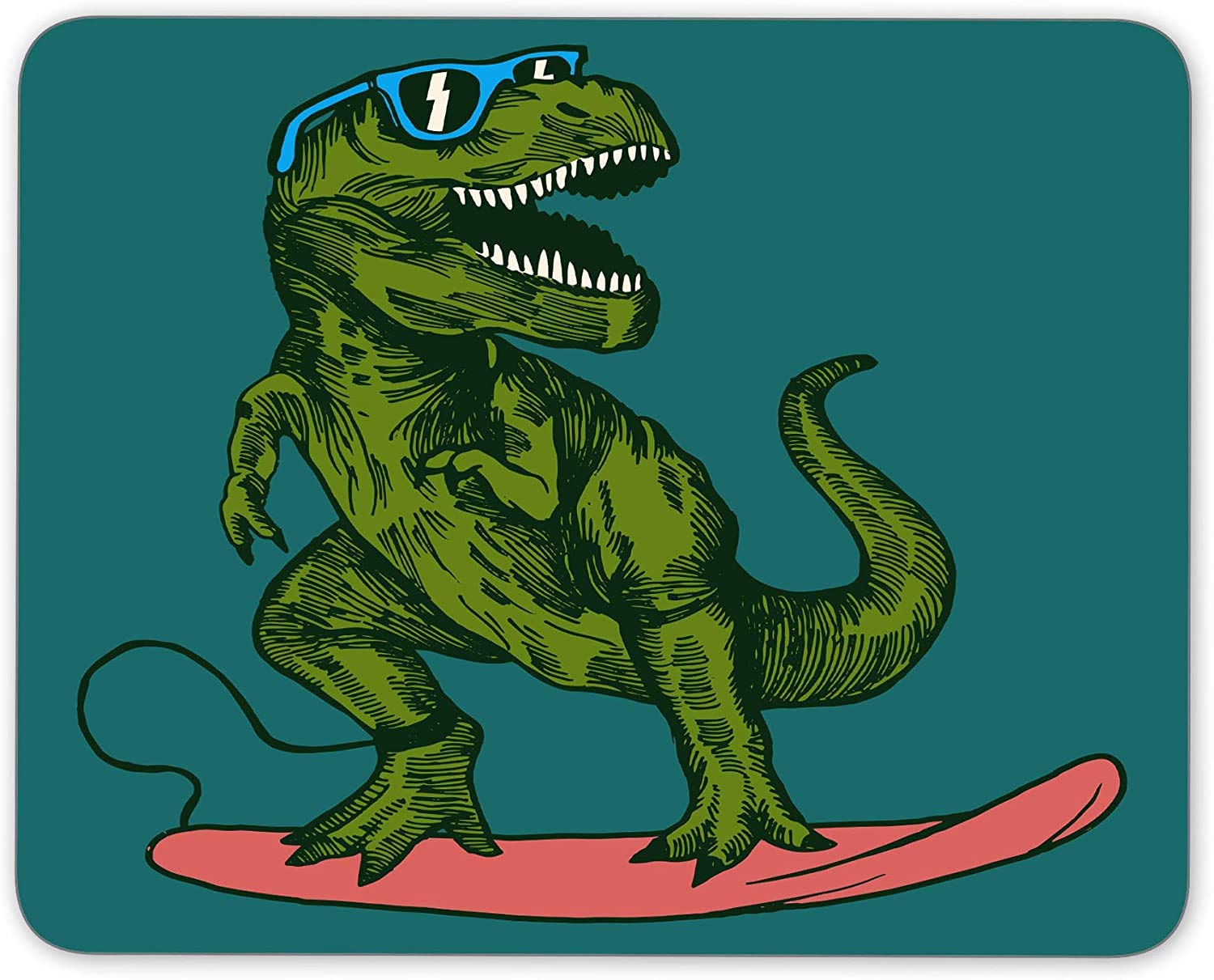 Happy Dinosaur Surfer Wearing Sunglasses Gaming Mouse Pad - Non-Slip Rubber Backing Office Desk Mat for Computer, Laptop & Workstation - Perfect for Gamers, Graphic Designers & Home Office Use