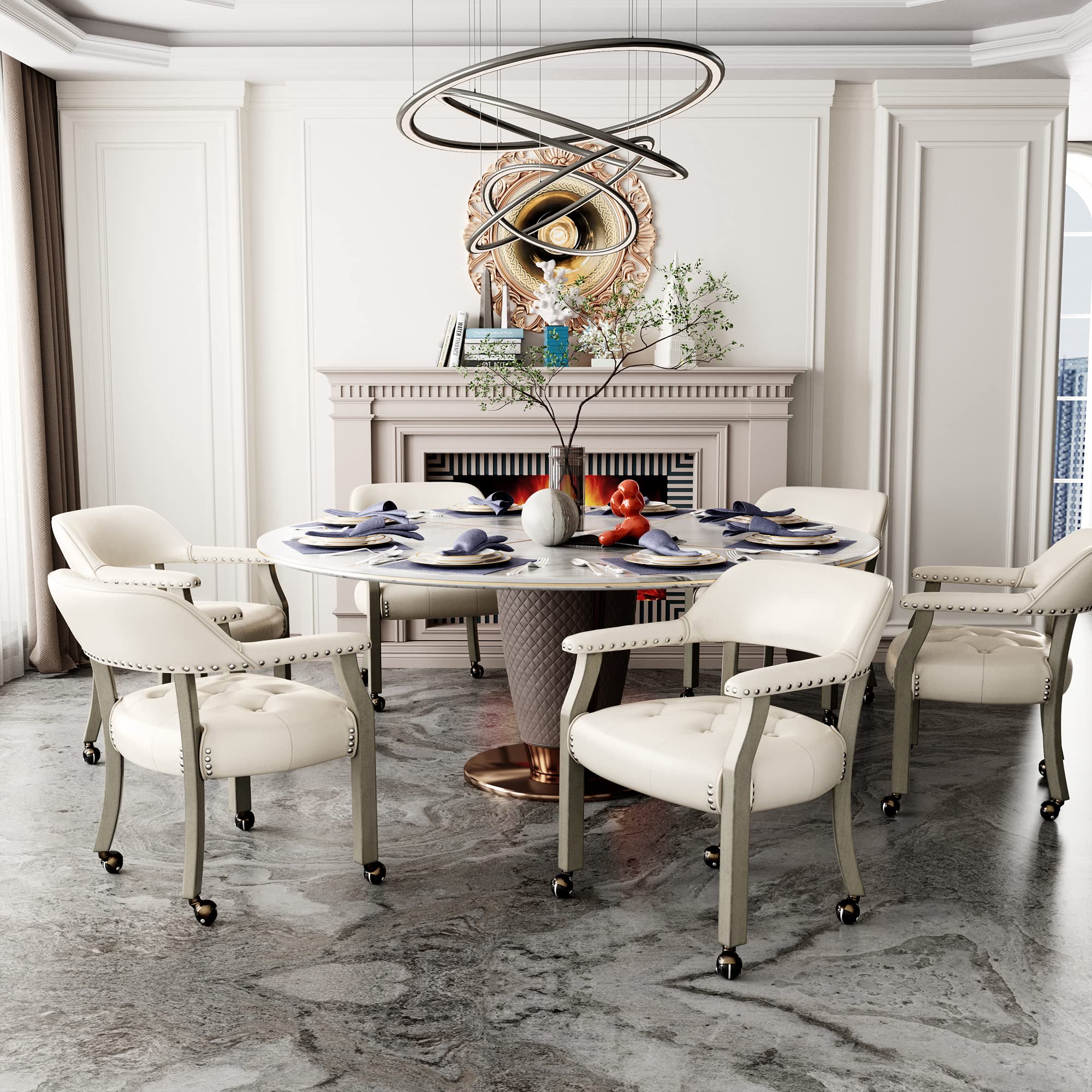 MODERION Swivel Dining Chairs with Wheels & Arms - Solid Wood Executive Office Chairs, Upholstered Desk Chairs, Classic Accent Chairs for Living Room (31.5