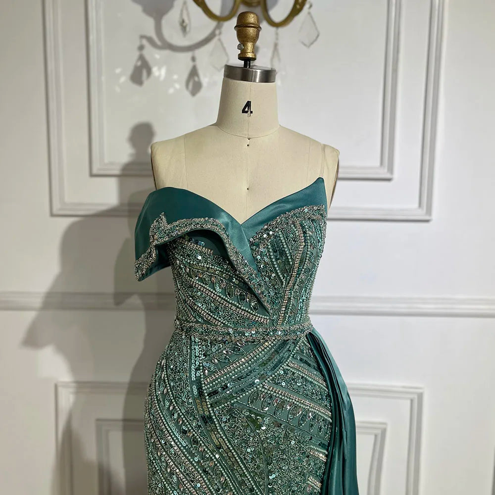 Elegant Turquoise Beaded One Shoulder Evening Dress for Wedding Party & Formal Events - LA72335 | Perfect for Prom, Cocktail Parties & Special Occasions