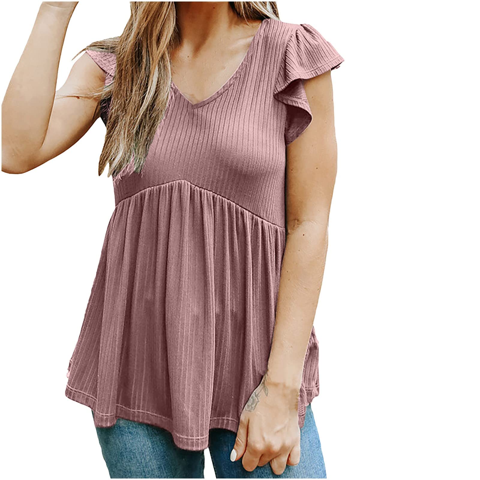 Women's Casual V-Neck Ruffle Short Sleeve Blouse - Solid Color Pullover Tops for Everyday Wear, Office & Date Night Outfits