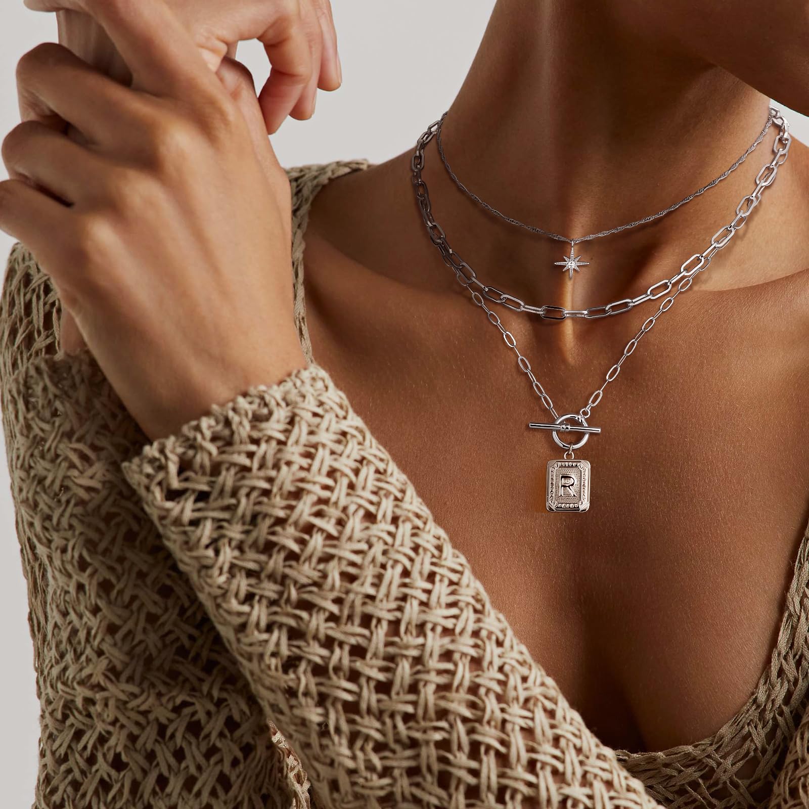 MJartoria 14K Gold Plated Layered Initial Necklace for Women - Trendy Star Choker with Square Letter Pendant & Paperclip Chain - Elegant Gold Necklace Jewelry Gift for Her | Perfect for Birthday, Anniversary, Valentine's Day & Everyday Wear