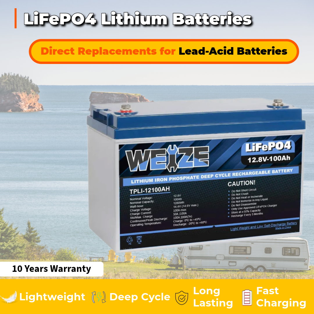 WEIZE 12V 100Ah 1280Wh Lithium LiFePO4 Deep Cycle Battery (4 Pack) - Perfect for RV, Marine, Solar Power Systems & Off-Grid Applications