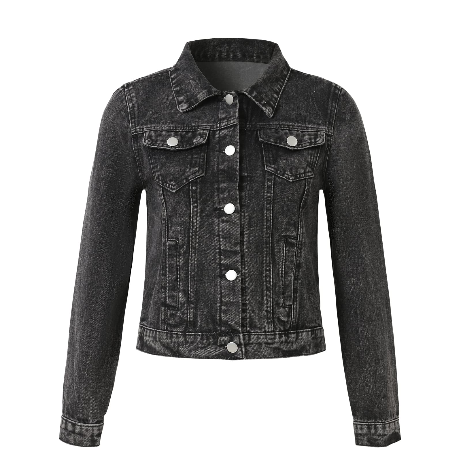 Women's Long Sleeve Denim Jacket - Casual Button Up Jean Coat with Solid Color | Perfect for Spring/Fall Layering, Outdoor Activities & Everyday Wear