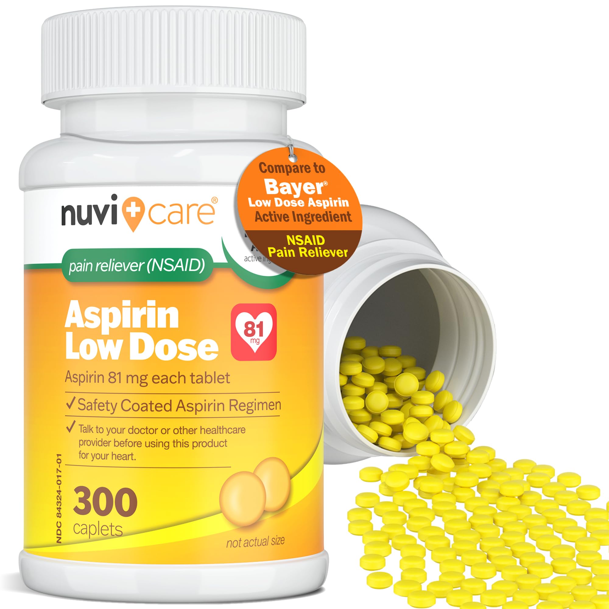 Low Dose Aspirin 81mg Coated Caplets for Adults - 300 Count | Compare to Bayer Aspirin | Heart Health Support & Daily Wellness | Perfect for Cardiovascular Care & Pain Relief