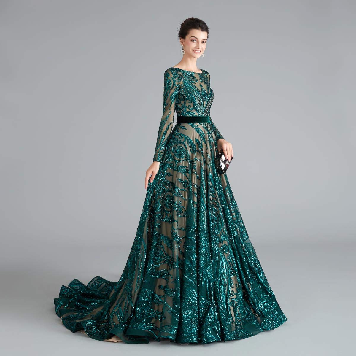 Elegant Women's Sequin Long Sleeve Formal Evening Dress with Chapel Train - Luxury Prom Party Gown for Weddings, Galas & Special Occasions