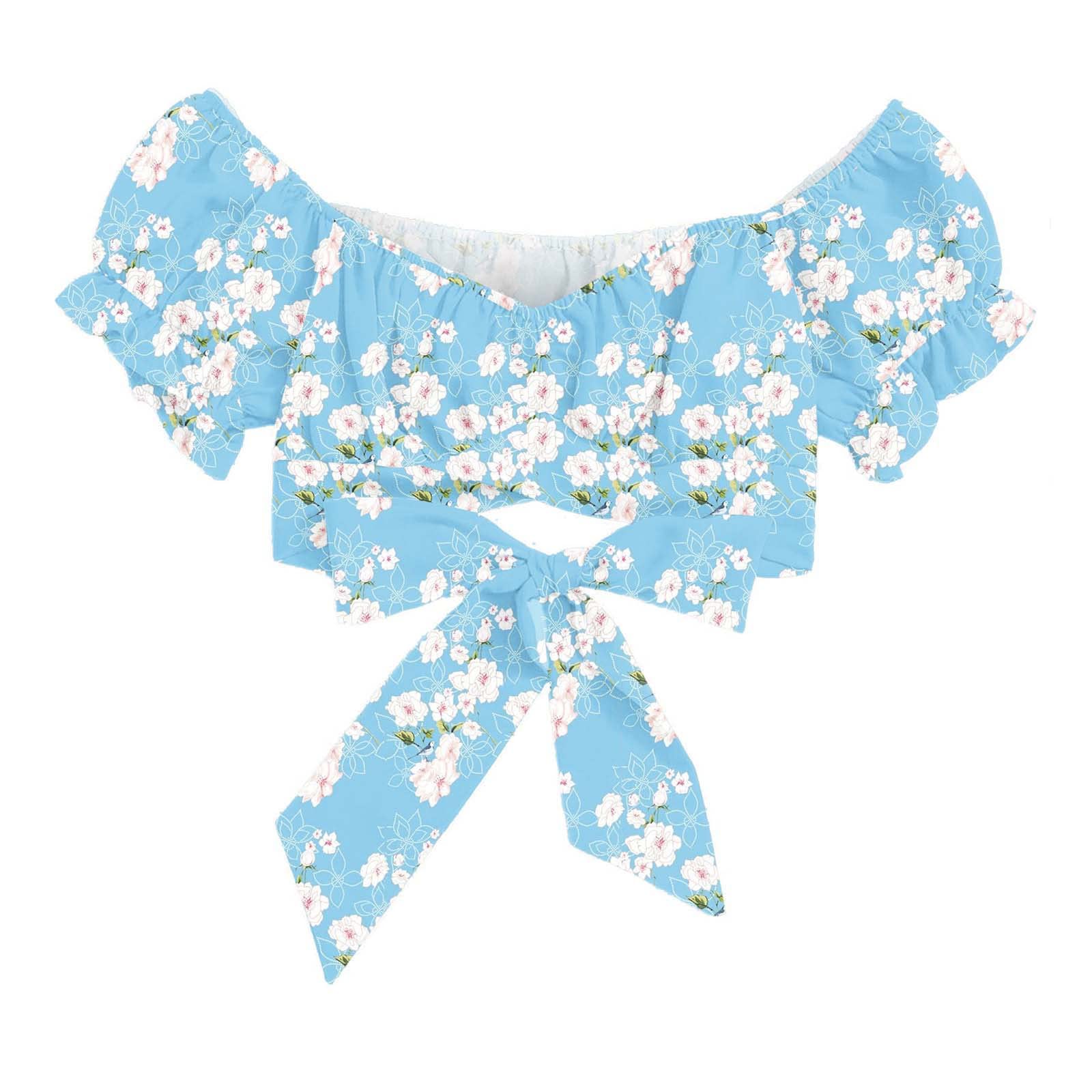 Women's Summer Floral Crop Top - Bell Sleeve V-Neck Cute T-Shirt with Sexy Tie Back, Slim Fit Stretch Blouse for Casual Outings, Beach Vacations & Date Nights