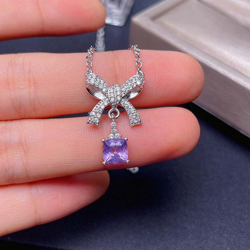 White Gold Amethyst Aquarius Bow Pendant Necklace for Women | Elegant Zodiac Jewelry Gift for Birthday, Anniversary & Valentine's Day | Perfect for Everyday Wear & Special Occasions