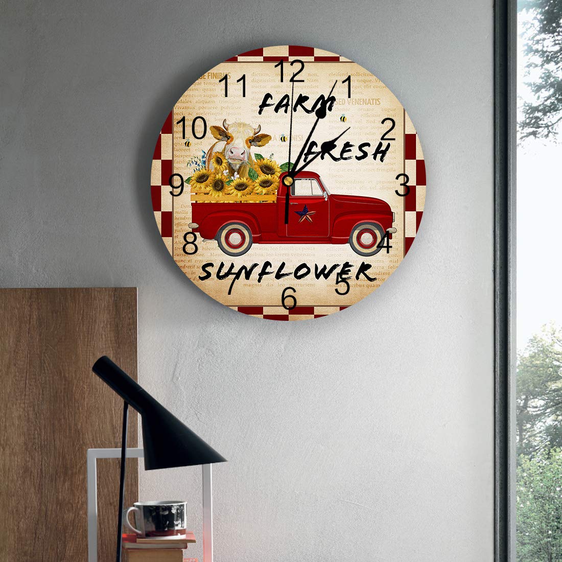 10 Inch Silent Non-Ticking Wall Clock - Battery Operated Round Farmhouse Decor with Red Truck & Sunflower Design - Perfect for Living Room, Kitchen, Home Office, School (USA Country Style)