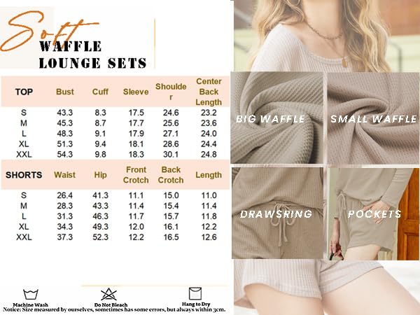 Ekouaer Women's Waffle Knit Pajama Set - Long Sleeve Top & Shorts Matching Lounge Wear with Pockets | Cozy Sleepwear & Loungewear for Home Relaxation, Sleepovers and Vacation Comfort