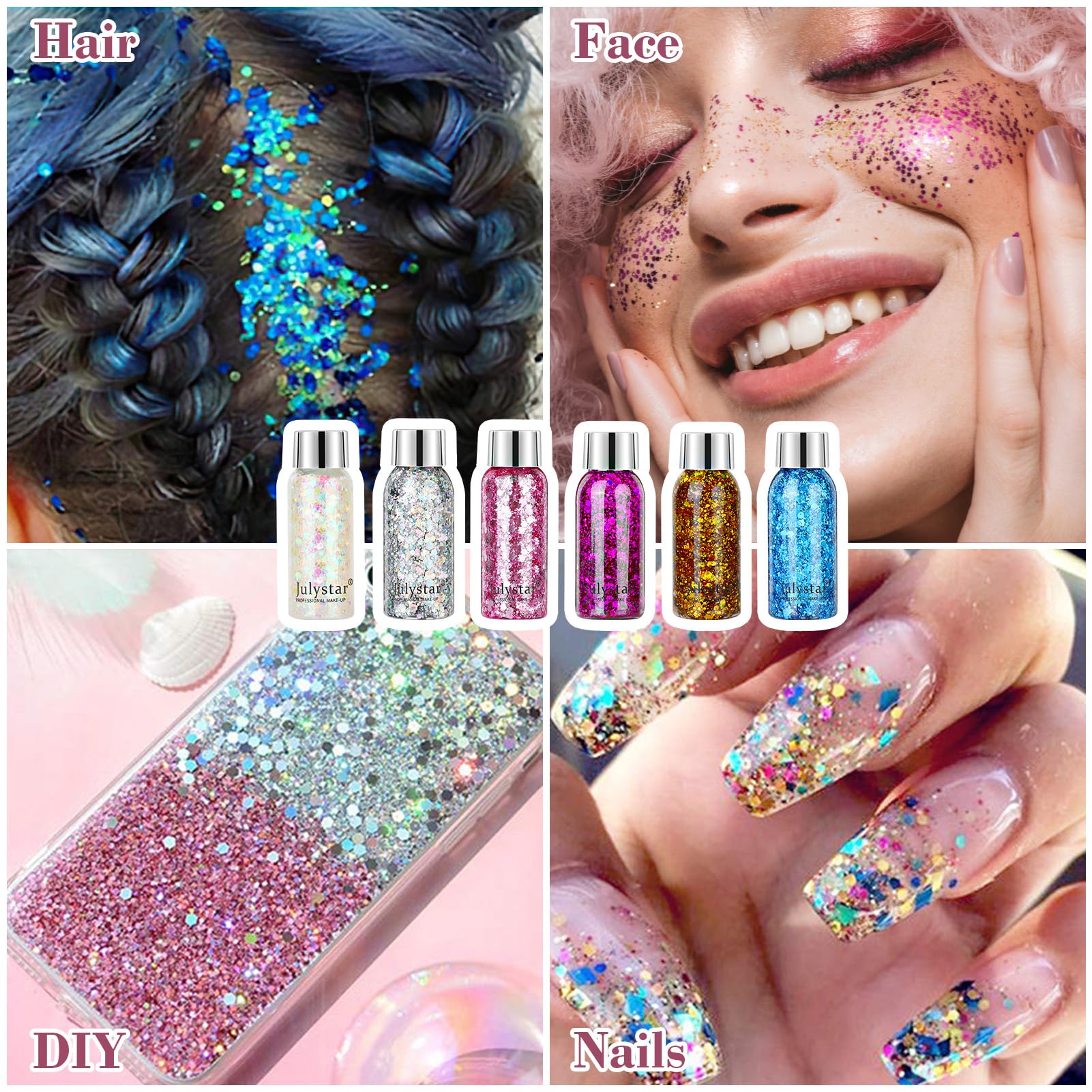 JOLIGAEA 6 Bottle Glitter Face & Body Gel Set - Shimmer Sequins for Mermaid, Festival, Party, Christmas & Easter Makeup - Perfect for Face, Body & Nail Art Decoration