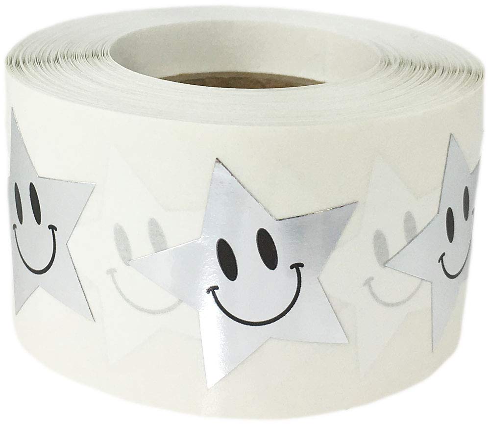Happy Face Star Stickers 1 Inch 500pcs - Metallic Silver Labels for DIY & Scrapbooking