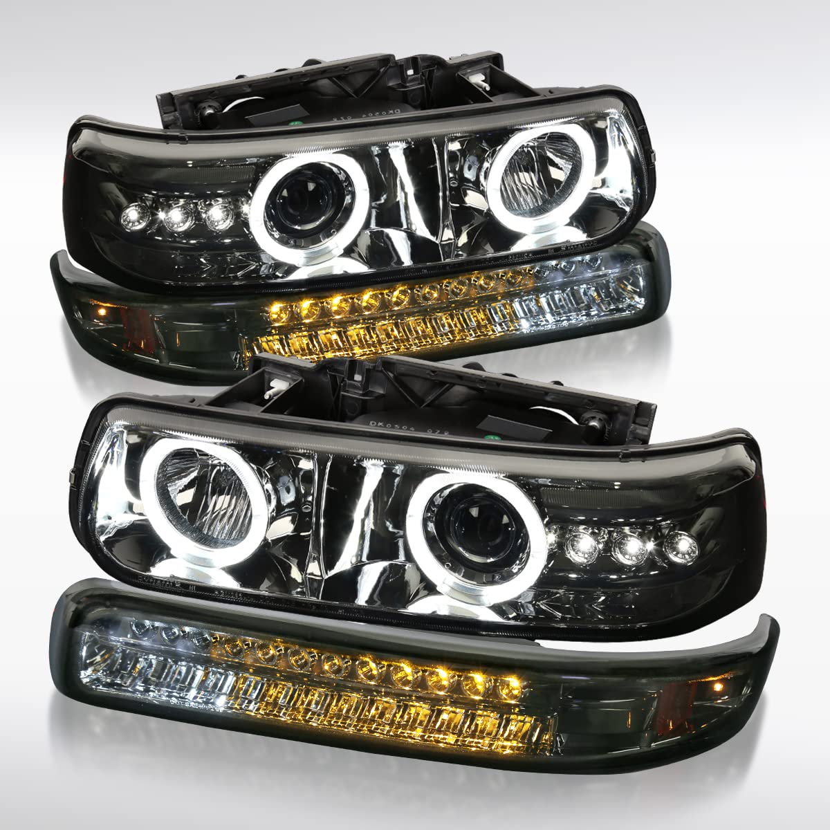 AUTOZENSATION LED Headlights Assembly Compatible with 1992-2002 Chevy Silverado Tahoe Suburban - Left Right Pair Smoke Halo Projector Headlights & LED Bumper Lights - Upgrade for Night Driving Off-Roading and Custom Look