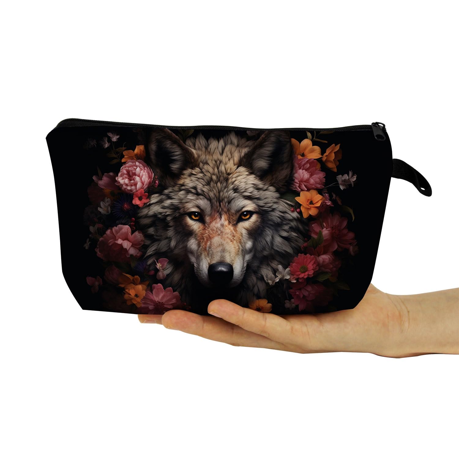Floral Wolf Print Makeup Bag - Cute Small Zippered Cosmetic Organizer for Women | Perfect Birthday Gift for Wolf Lovers | Great for Travel, Gym & Daily Beauty Essentials