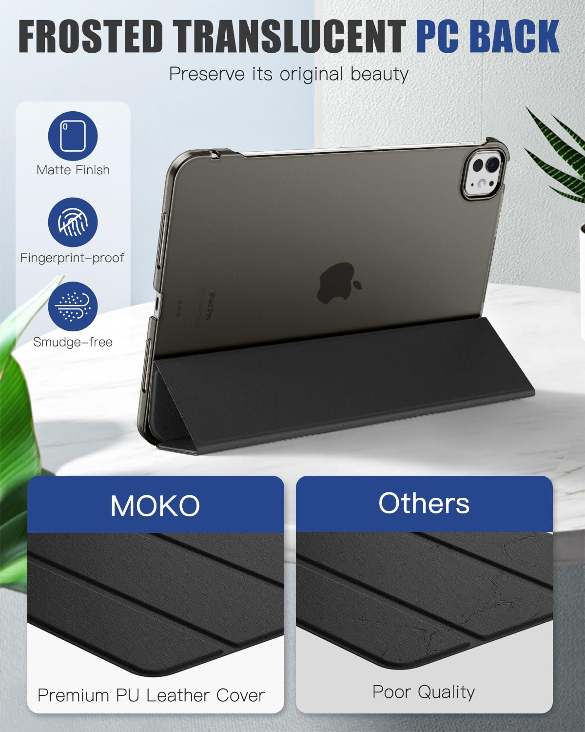MoKo Ultra Slim Stand Case for iPad Pro 11 Inch 2024 (5th Gen) - Hard PC Translucent Back Cover Compatible with iPad Pro 11'' M4 Model (A2836/A2837/A3006), Supports Apple Pencil Pro (Black) - Perfect for Work, Study & Travel Protection