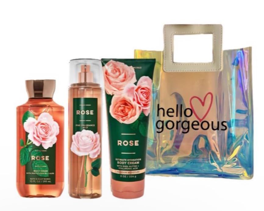 White Barn Bath & Body Works 3-Piece Gift Set - Rose Scented Body Spray, Moisturizing Cream & Shower Gel - Full Size Luxury Skincare Bundle with Hello Gorgeous Gift Bag - Perfect for Birthdays, Anniversaries & Self-Care Pampering