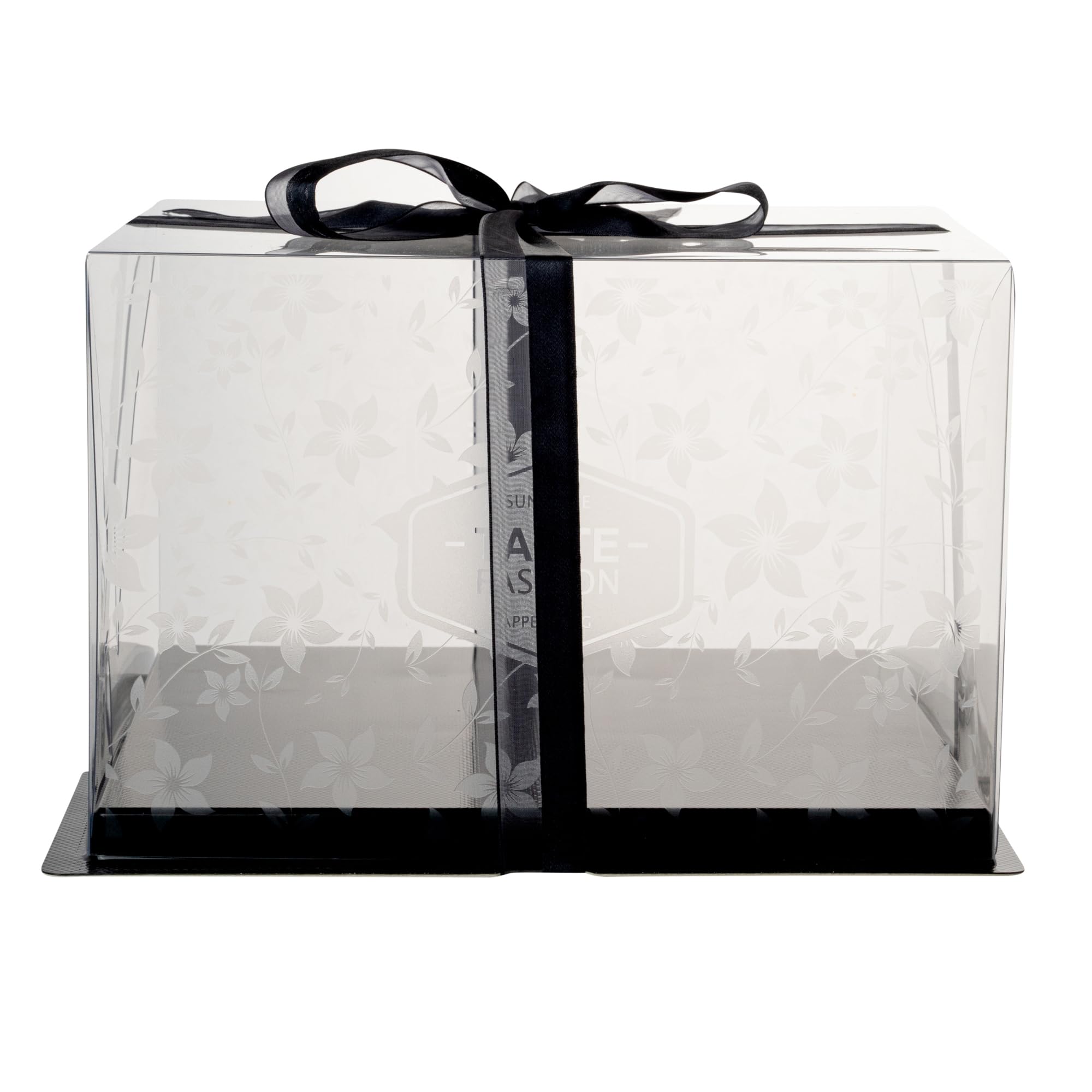 10 Inch x 6.75 Inch Clear Plastic Cake Boxes with Black Ribbon - Grease-Free Base & Floral Design for Birthday Cakes, Wedding Desserts, Bakery Display & Party Treats