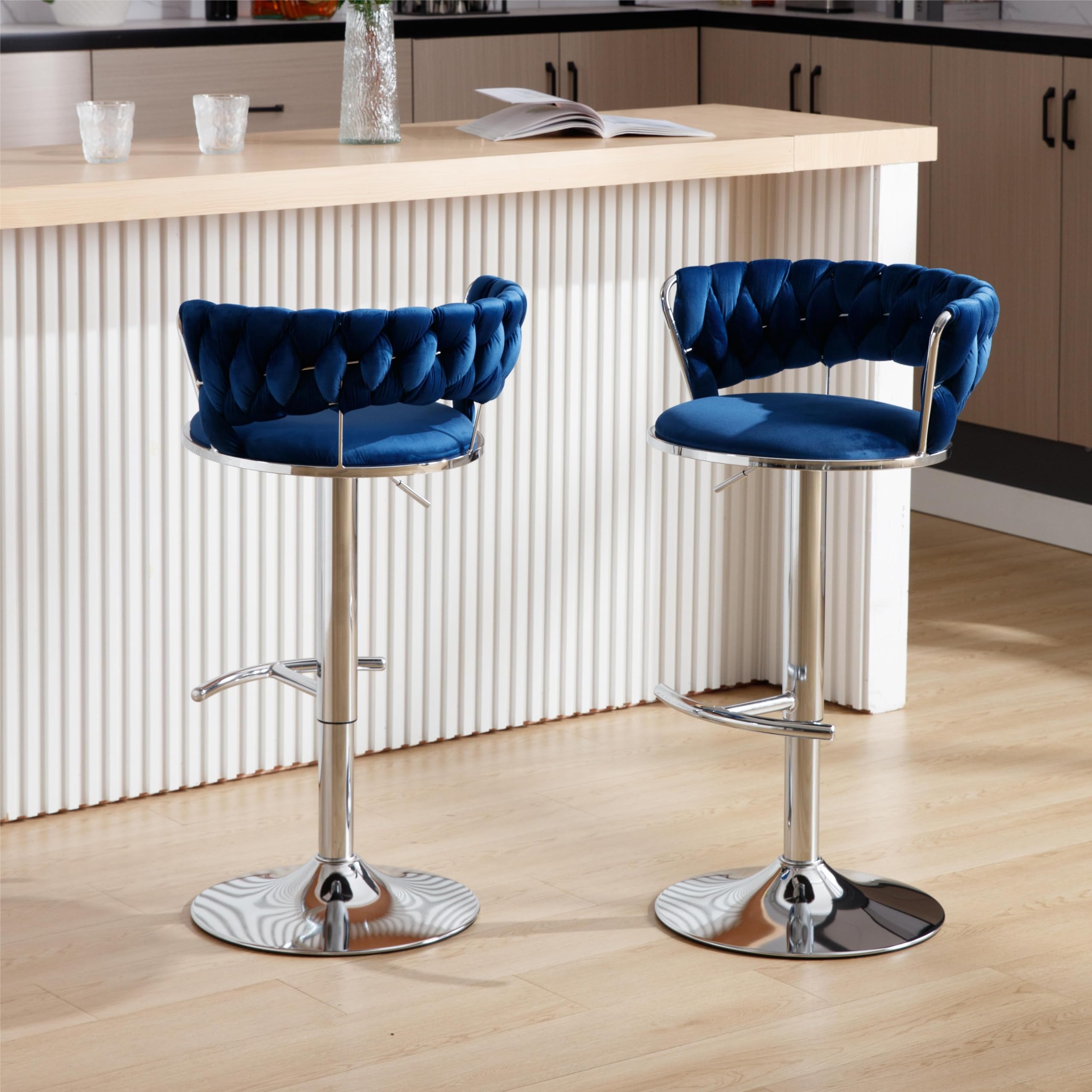 360° Swivel Velvet Bar Stools Set of 2 - Adjustable Height Counter Stools with Low Back & Footrest - Upholstered Bar Chairs for Kitchen Island, Home Bar & Dining Room - Blue & Silver (Perfect for Entertaining, Breakfast Nooks & Small Spaces)