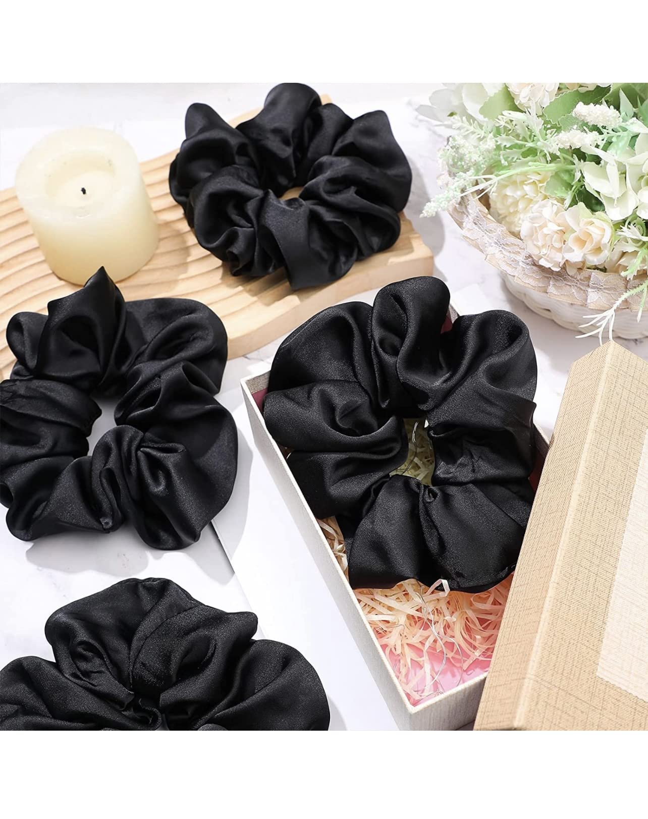 Fashion Fittor 3-Piece Oversized Satin Hair Scrunchies - 7.2 Inch Elastic Silk Hair Bands for Women & Girls (Black) | Soft Ponytail Holders for Daily Use, Workouts & Special Occasions