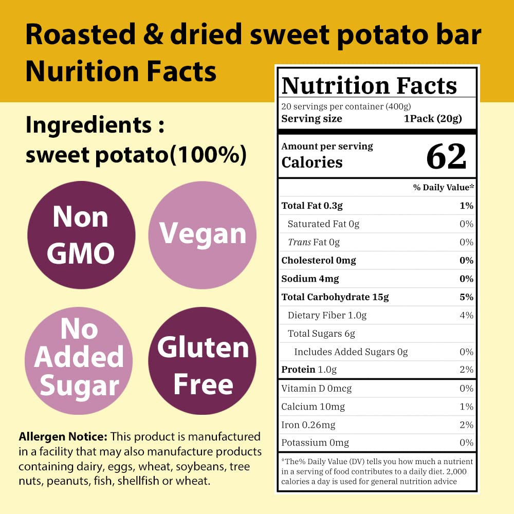 Healthy Korean Sweet Potato Low-Carb Snack Bars - 20 Individually Wrapped Packs (0.7oz Each) | 100% Natural, Low-Calorie Korean Food | Perfect for Golf, Travel & On-the-Go Snacking