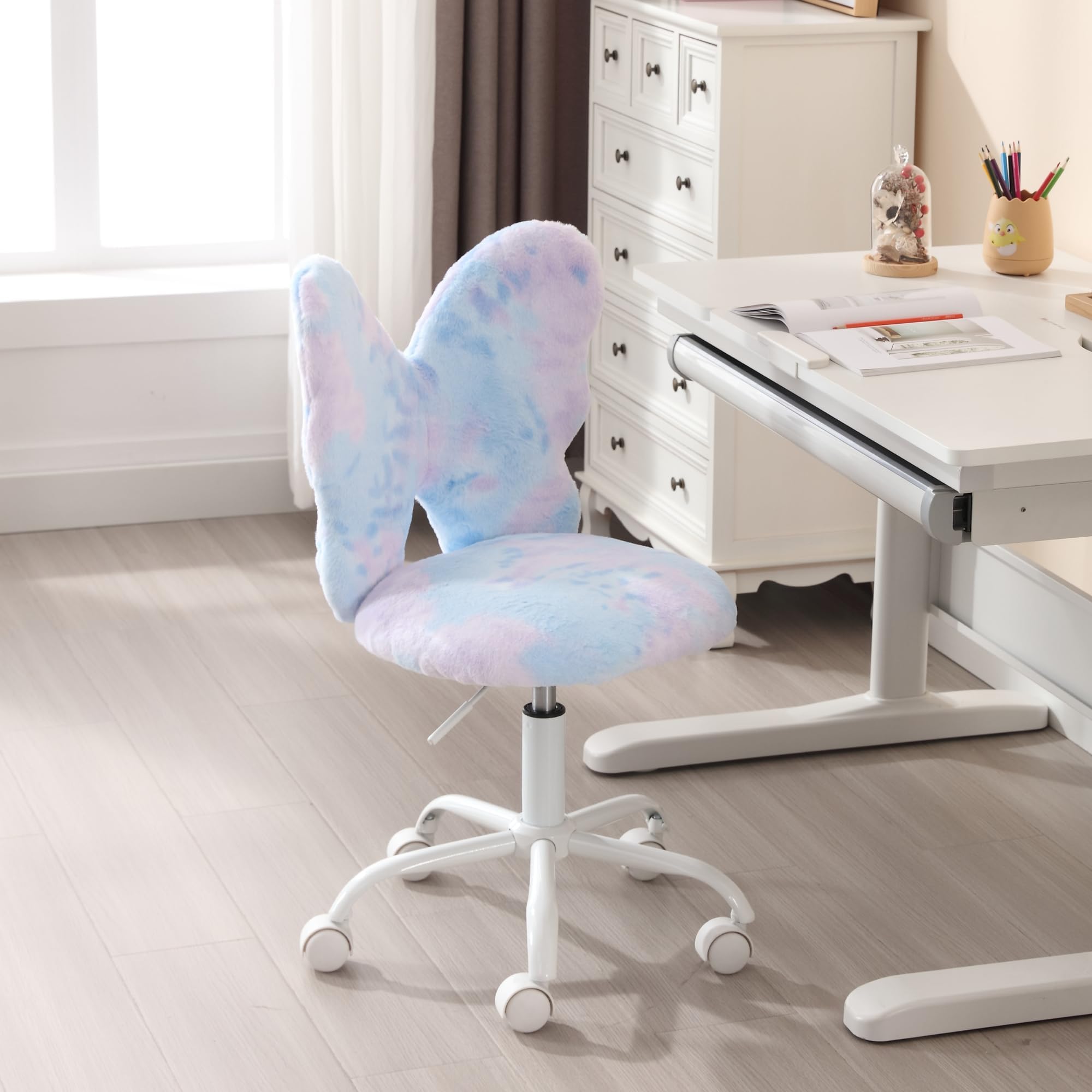 Kmax Adjustable Kids Desk Chair with Wheels - Soft Faux Fur Swivel Office Chair for Children, Cute Butterfly Design, Perfect for Bedroom, Study Room & Reading Nook - Dreamy Blue