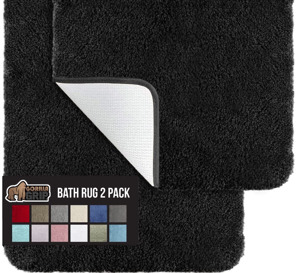 Premium Gorilla Grip Luxury Bath Rug Set of 2 - Ultra Soft & Thick Absorbent Microfiber Bathroom Mats - Machine Washable & Quick Dry - Plush Shower & Tub Floor Mats 17x24 Inches, Black - Perfect for Spa-Like Bathroom Comfort & Safety