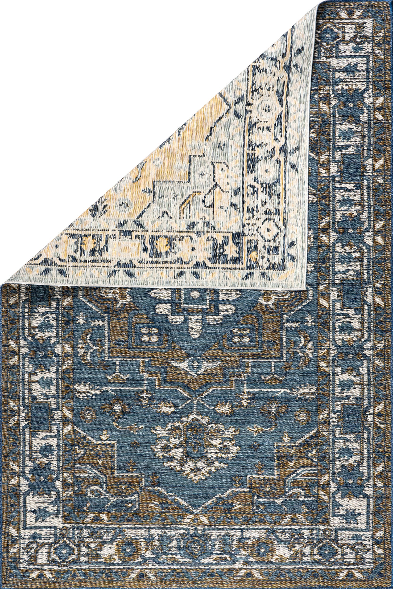 Brynlee Medallion Reversible Indoor Outdoor Rug - Cream & Blue Geometric Design - Perfect for Living Room, Bedroom, Patio & Deck Decor