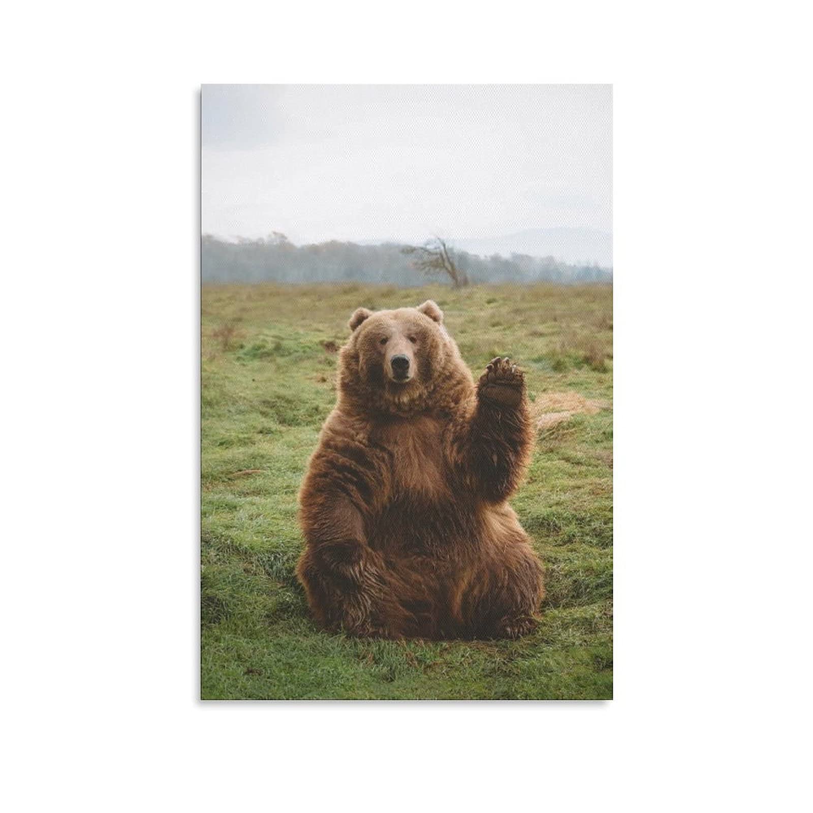 Chubby Naive Grizzly Bear Waving Canvas Wall Art - 24x36 Inch Nature Wildlife Poster for Living Room, Bedroom & Office Decor - Perfect Gift for Animal Lovers & Home Decoration