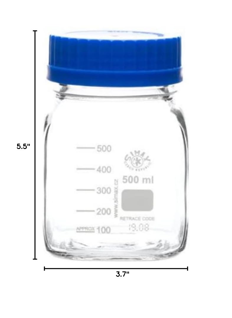 United Scientific™ SIMAX BSWM500 GL80 Leakproof Media/Storage Bottles - Wide Mouth Square 500mL Borosilicate Glass (Pack of 10) - Ideal for Lab Storage, Chemical Solutions & DIY Projects